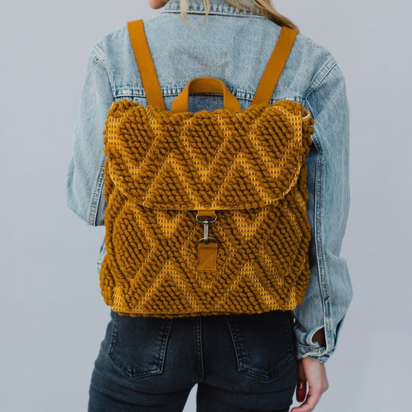 Mustard Diamond Pattern Backpack | Textured Backpack | Statement Backpack | Women's Backpack | Mustard Yellow Textured Backpack
