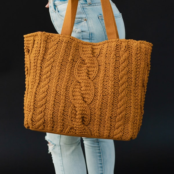 Mustard Cable Knit Tote | Women's Tote Bag | Cable Knit Tote Bag | Fall Tote Bag | Travel Tote | Weekender | Statement Tote Bag