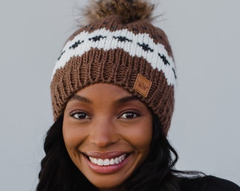 Light Brown Patterned Pom Hat | Patterned Winter Hat | Fleece Lined Winter Hat | Winter Accessories | Women's Patterned Pom Hat