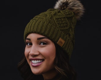 Muted Olive Cable Knit Pom Hat | Fleece Lined Pom Hat | Women's Pom Hat | Winter Accessories | Women's Winter Hat | Neutral Pom Hat