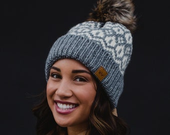 Grey & Cream Patterned Pom Hat | Winter Pom Hat | Winter Pattern Pom Hat | Fleece Lined Winter Hat | Faux Fur Pom Accent