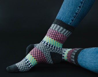 Gray, Charcoal & Pink Patterned Socks | Multicolored Patterned Socks | Stocking Stuffer | Women's Patterned Socks | Colorful Patterned Socks