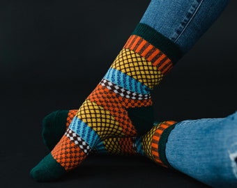 Green, Orange & Blue Patterned Socks | Multicolored Patterned Socks | Stocking Stuffer | Women's Patterned Socks | Colorful Socks