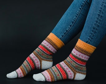 Gray, Orange & Pink Patterned Socks | Multicolored Patterned Socks | Stocking Stuffer | Women's Patterned Socks | Colorful Patterned Socks