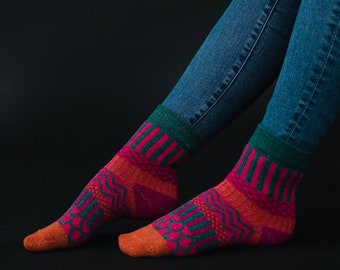 Fuchsia, Green & Pink Patterned Socks | Multicolored Patterned Socks | Stocking Stuffer | Women's Multicolored Socks | Colorful Socks