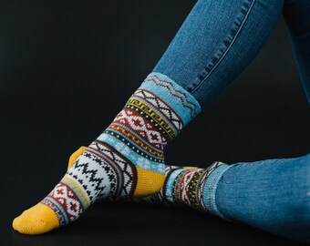 Light Blue, Yellow & White Patterned Socks | Multicolored Patterned Socks | Stocking Stuffer | Patterned Socks | Colorful Winter Socks