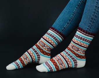 Cream, Burgundy & Orange Patterned Socks | Multicolored Patterned Socks | Winter Socks | Women's Socks | Stocking Stuffer | Colorful Socks