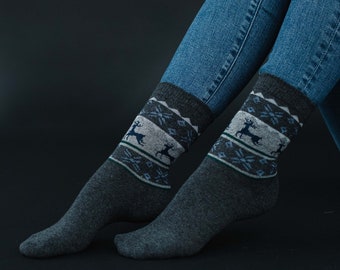Charcoal, Navy & Gray Reindeer Patterned Socks | Women's Patterned Socks | Stocking Stuffer | Cozy Cabin Socks | Neutral Socks