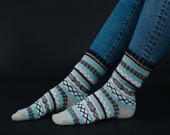 Taupe, Navy & Blue Patterned Socks | Multicolored Patterned Socks | Winter Socks | Women's Socks | Stocking Stuffer | Colorful Socks