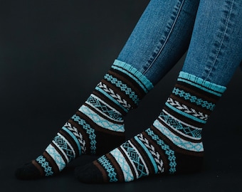 Black, Brown & Blue Patterned Socks | Multicolored Patterned Socks | Winter Socks | Women's Socks | Stocking Stuffer | Colorful Socks