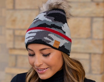 Grey Camo with Red Stripe Pom Hat | Camo Pom Hat | Camo Winter Hat | Grey Camo Print Winter Hat | Trendy Pom Hat | Grey Camo Women's Hat