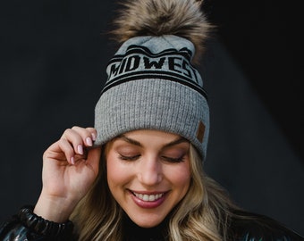 Gray & Black Midwest Pom Hat | Winter Hat | Faux Fur Pom Accent | Women's Pom Hat | Women's Midwest Hat | Winter Accessories