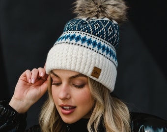 Off White, Black & Blue Patterned Pom Hat | Fleece Lined Pom Hat | Women's Winter Hat | Winter Pattern | Women's Pom Hat | Winter Hat