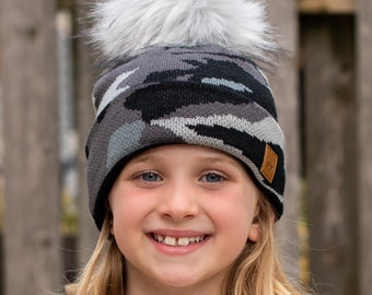 KIDS Grey Camo Pom Hat | Kids Camo Winter Hat | Kids Winter Accessories | Winter Hat with Faux Fur Pom Accent | Trendy Kids Winter Hat
