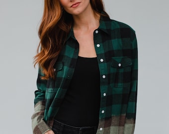 Green & Black Plaid Flannel | Bleach Dipped Contrast Flannel | Women's Plaid Flannel | Trendy Flannel | Fall Flannel | Winter Flannel