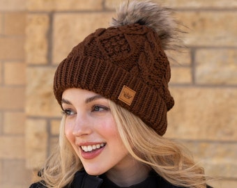 Brown Cable Knit with Natural Pom Hat | Fleece Lined Winter Hat | Neutral Pom Hat | Winter Accessories | Women's Cable Knit Winter Hat