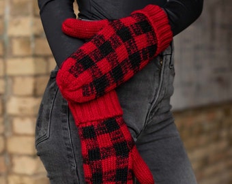 Red Buffalo Plaid Mittens | Fleece Lined Mittens | Women's Knit Mittens | Christmas Mittens | Red & Black Buffalo Plaid Mittens