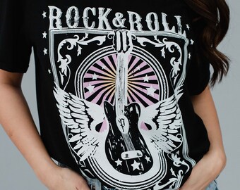 Rock & Roll Guitar Tee | Short Sleeve Graphic T-Shirt | Rock And Roll T-Shirt | Women's Graphic Tee | Trendy Graphic T-Shirt