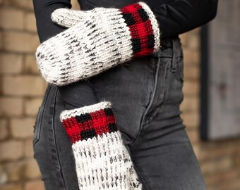 Gray Heather Mittens with Red Plaid Trim | Fleece Lined Mittens | Christmas Mittens | Women's Knit Mittens | Plaid Knit Mittens