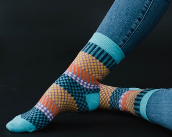 Light Blue, Navy & Orange Patterned Socks | Multicolored Patterned Socks | Stocking Stuffer | Women's Patterned Socks | Colorful Socks