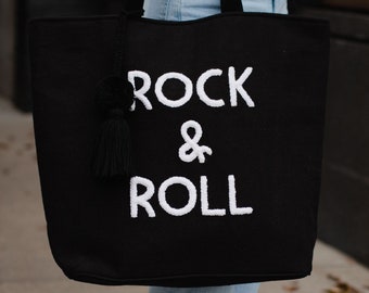 Black Rock & Roll Tote | Black Tote Bag | Rock and Roll Bag | Travel Tote Bag | Pom Tassel Detail | Fall Tote Bag | Everyday Tote Bag