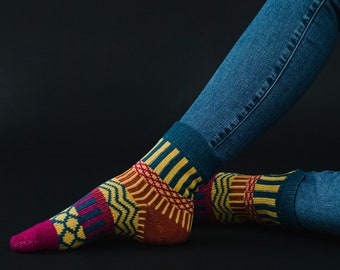 Teal, Mustard & Pink Patterned Sock | Multicolored Patterned Socks | Stocking Stuffer | Women's Patterned Socks | Colorful Socks