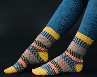 Mustard, Blue & Orange Patterned Socks | Multicolored Patterned Socks | Stocking Stuffer | Women's Patterned Socks | Colorful Socks