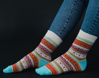 Cream, Light Blue & Purple Patterned Socks | Multicolored Patterned Socks | Stocking Stuffer | Women's Patterned Socks | Colorful Socks