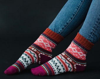 Fuchsia, White & Green Patterned Socks | Multicolored Patterned Socks | Winter Socks | Women's Socks | Stocking Stuffer | Colorful Socks