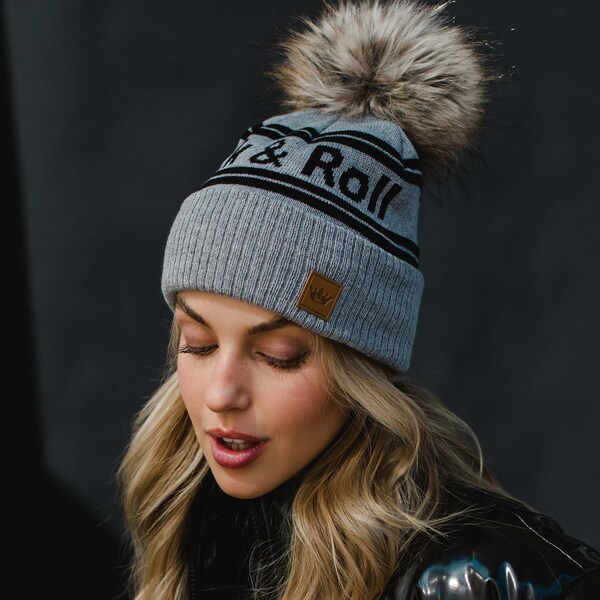 Gray and Black Rock & Roll Pom Hat | Rock and Roll Pom Hat | Women's Pom Hat | Women's Winter Hat | Statement Pom Hat | Faux fur Pom Accent