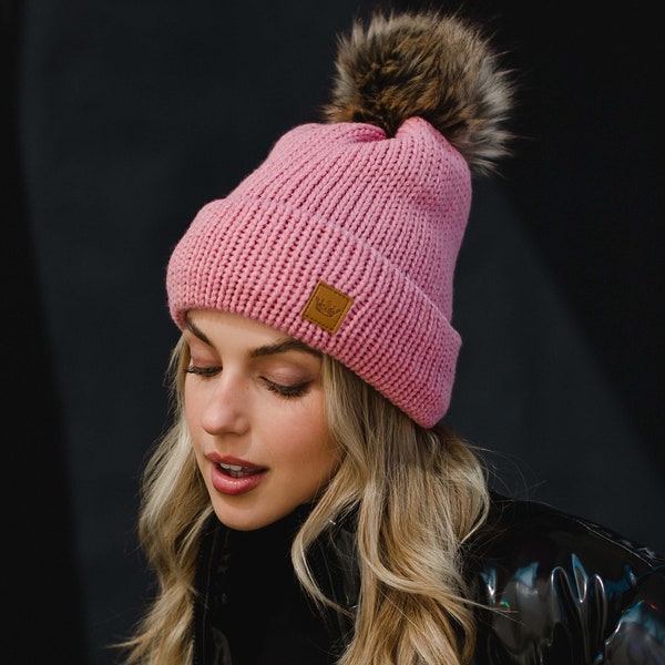 Pink Cable Knit Pom Hat | Fleece Lined Pom Hat | Women's Knit Pom Hat | Faux Fur Pom Accent | Winter Accessories | Trendy Pom Hat