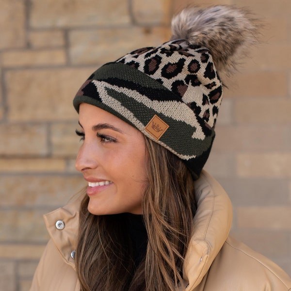 Leopard Pom Hat with Green Camo Trim | Winter Hat | Pom Hat | Leopard Print | Camo Print | Animal Print | Mixed Prints | Trendy Hat