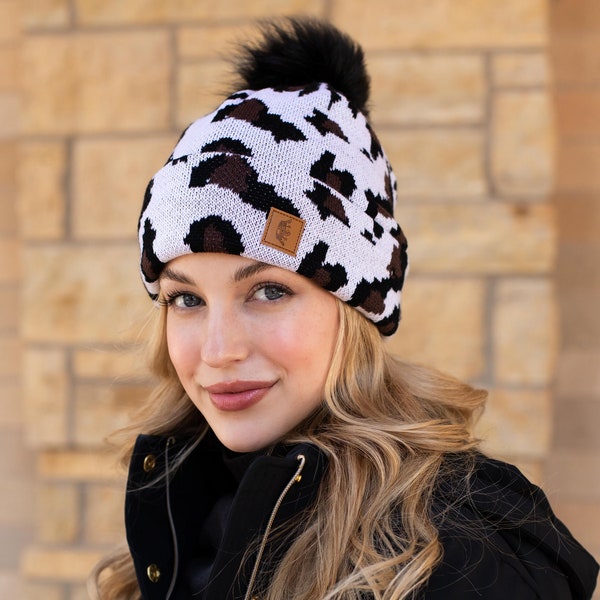 White Leopard Pom Hat | Animal Print Pom Hat | Fleece Lined Winter Hat | Snow Leopard Pom Hat | Winter Accessories | Women's Pom Hat