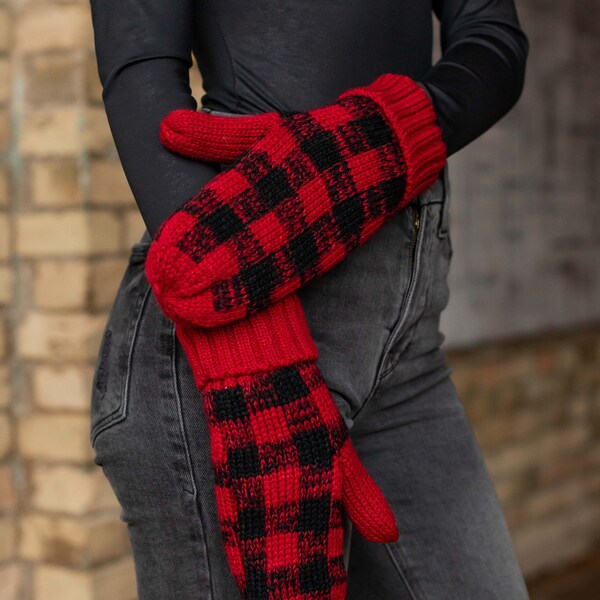 Red Buffalo Plaid Mittens | Fleece Lined Mittens | Women's Knit Mittens | Christmas Mittens | Red & Black Buffalo Plaid Mittens