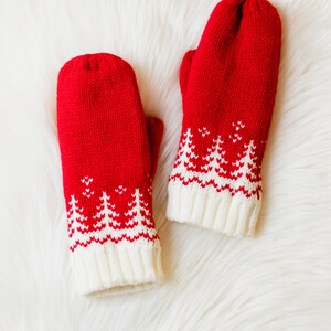 Red & White Tree Pattern Knit Mittens Fleece Lined Mittens Patterned Mittens Women's Knit Mittens Christmas Mittens Winter Mittens image 4