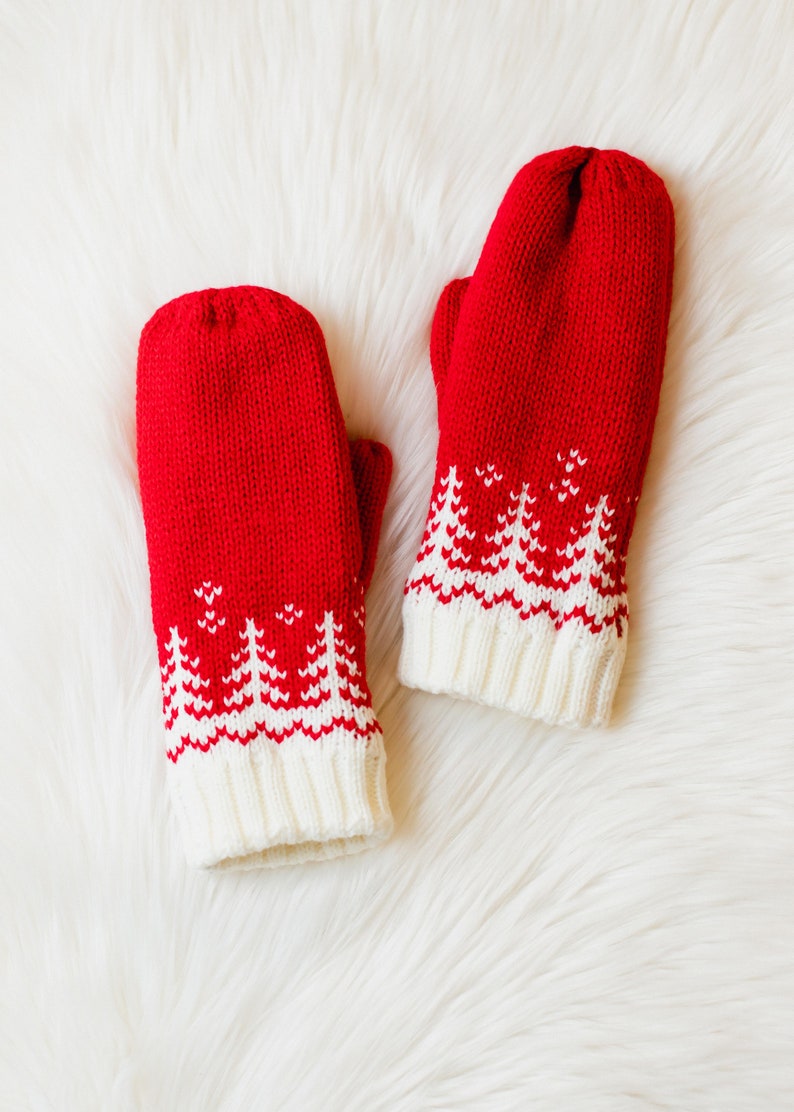 Red & White Tree Pattern Knit Mittens Fleece Lined Mittens Patterned Mittens Women's Knit Mittens Christmas Mittens Winter Mittens image 4