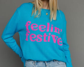 Bright Blue Feelin' Festive Sweater | Christmas Sweater