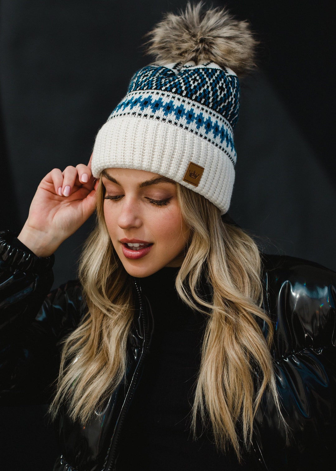 Off White, Black & Blue Patterned Pom Hat Fleece Lined Pom Hat Women's