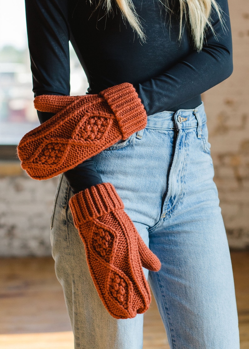 Rust Cable Knit Mittens Fleece Lined Mittens Cable Knit Mittens Women's Knit Mittens Winter Mittens Fall Mittens Knit Mittens image 1