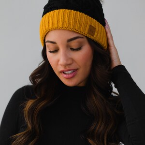 Black & Gold Trim Cable Knit Pom Hat Fleece Lined Pom Hat Women's Pom Hat School Pride Women's Winter Hat College Pom Hat image 2