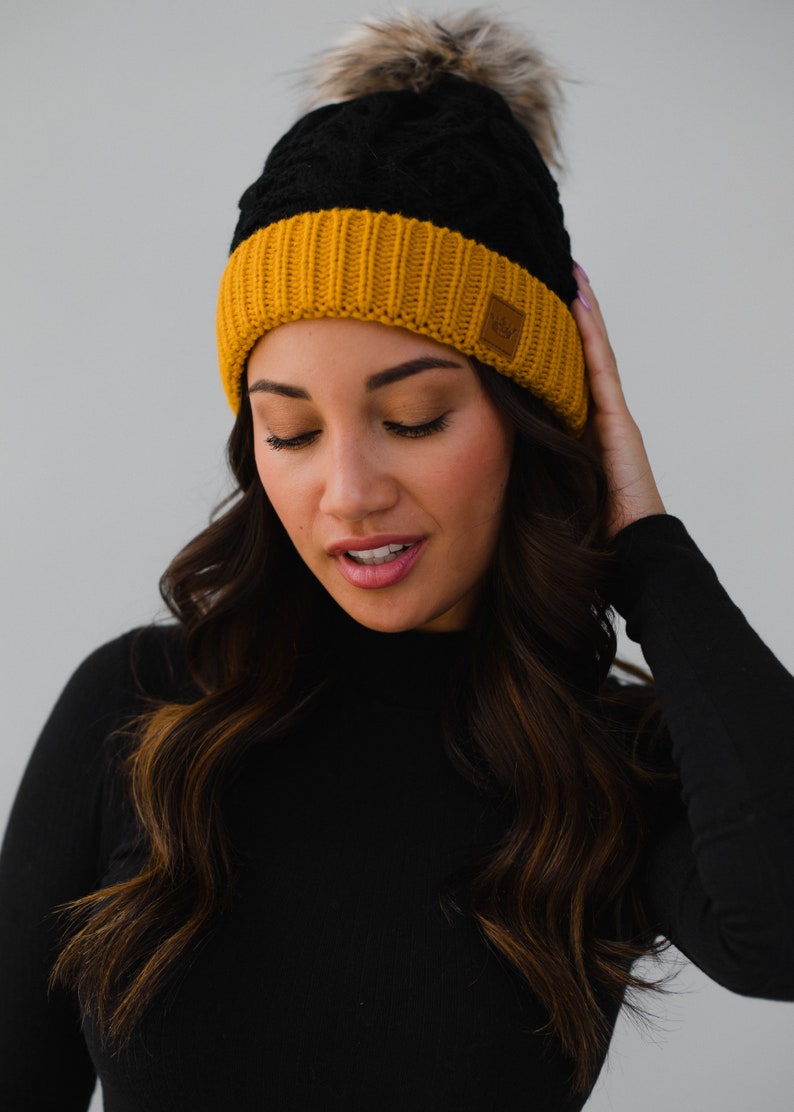 Black & Gold Trim Cable Knit Pom Hat Fleece Lined Pom Hat Women's Pom Hat School Pride Women's Winter Hat College Pom Hat image 2