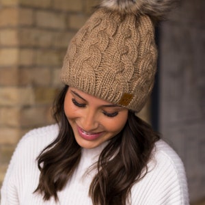 Tan Braided Knit Pom Hat Fleece Lined Pom Hat Neutral Pom Hat Braided Knit Pom Hat Women's Winter Hat Winter Accessories image 2