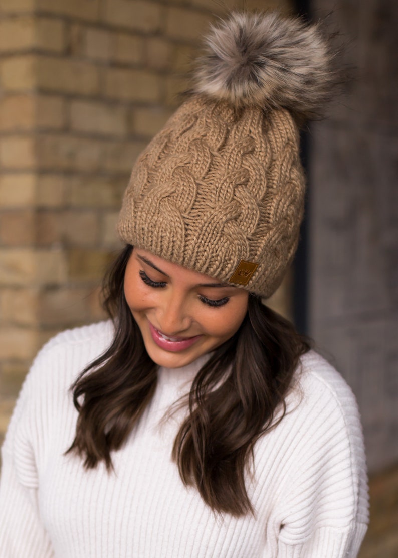 Tan Braided Knit Pom Hat Fleece Lined Pom Hat Neutral Pom Hat Braided Knit Pom Hat Women's Winter Hat Winter Accessories image 2