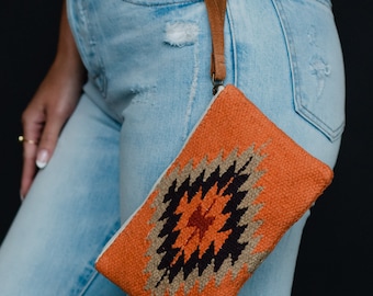 Orange, Red & Black Aztec Wristlet | Aztec Inspired Wristlet | Western Print | Summer Aztec Wristlet | Aztec Clutch | Statement Wristlet