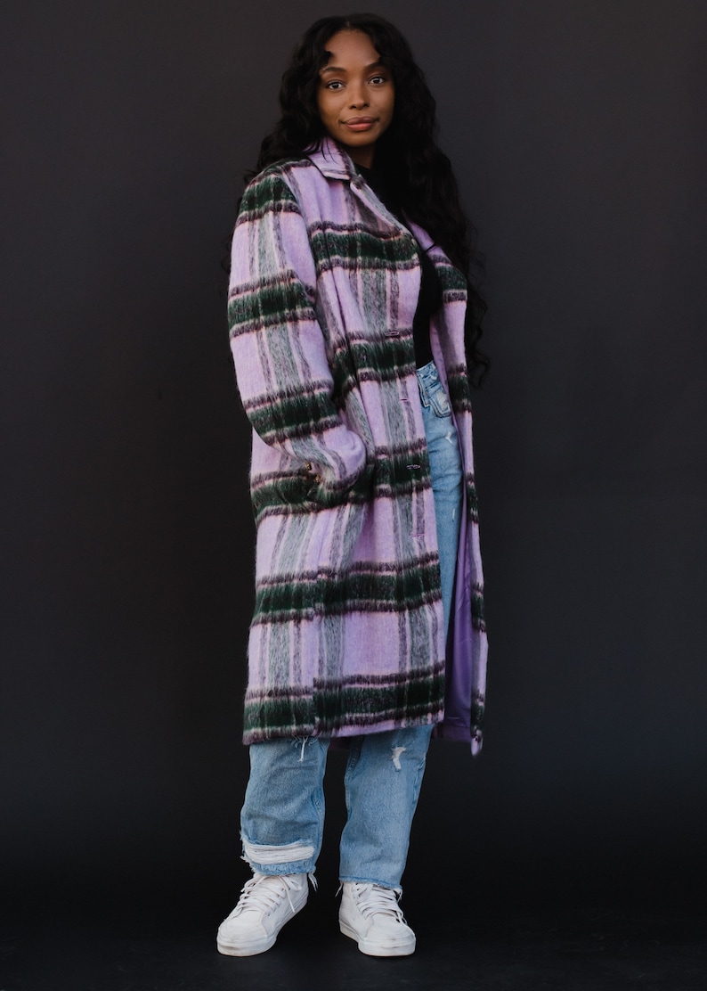 Purple, Green & Tan Plaid Coat Women's Long Plaid Coat Women's Long Plaid Jacket Winter Coat Fully Lined Coat Statement Coat image 2