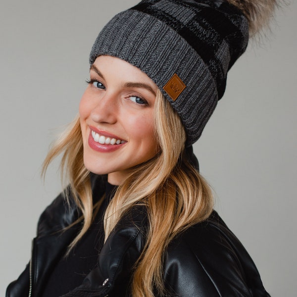 Gray Buffalo Plaid Pom Hat | Fleece Lined Pom Hat | Women's Winter Hat | Christmas Pom Hat | Gray & Black Buffalo Plaid Pom Hat