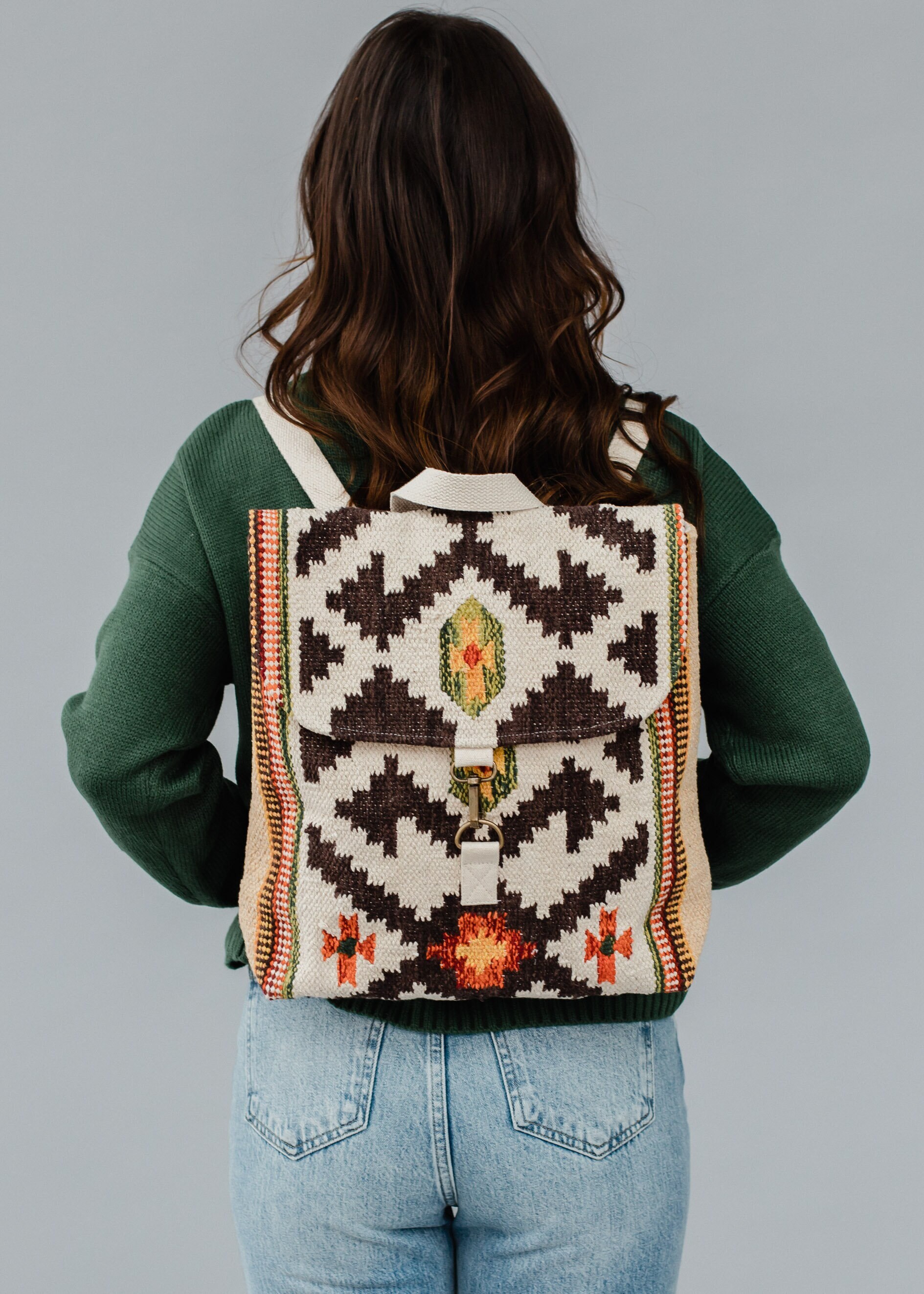 Cotton Woven Tan Brown Western Southwestern Aztec Backpack Cotton Woven Tan Brown Western Southwestern Aztec Backpack  main image 2