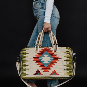 Tan & Multicolored Aztec Duffel Aztec Inspired Duffel Bag Summer Duffel Bag Spring Duffel Bag Weekender Bag Travel Duffel Bag image 3