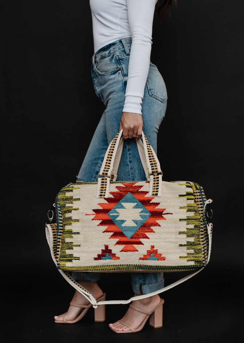 Tan & Multicolored Aztec Duffel Aztec Inspired Duffel Bag Summer Duffel Bag Spring Duffel Bag Weekender Bag Travel Duffel Bag image 3