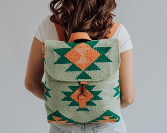 Green, Orange & Pink Western Backpack | Aztec Inspired Backpack